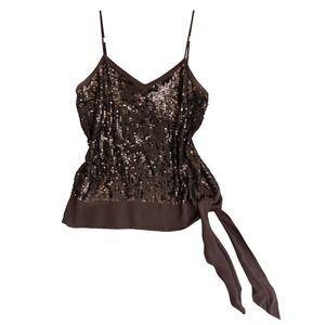 Vintage Y2K Bebe Sequin 100% Silk Cami Top Womens M Brown Side Bow Glam Party